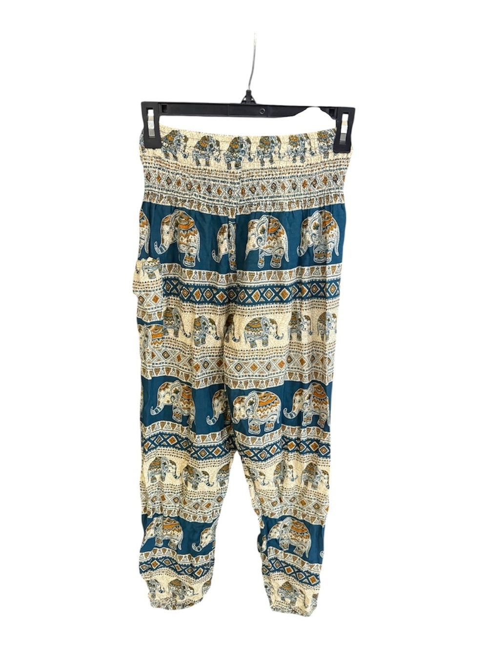 Elephant Print Boho Harem Pants in Teal and Cream
